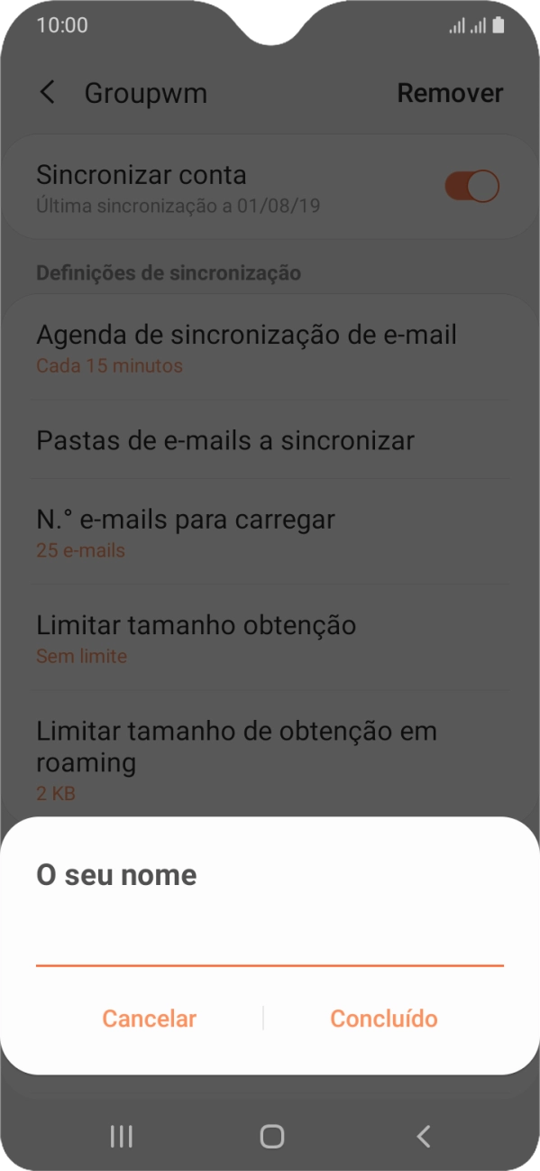 Introduza o nome de remetente e prima Concluído.