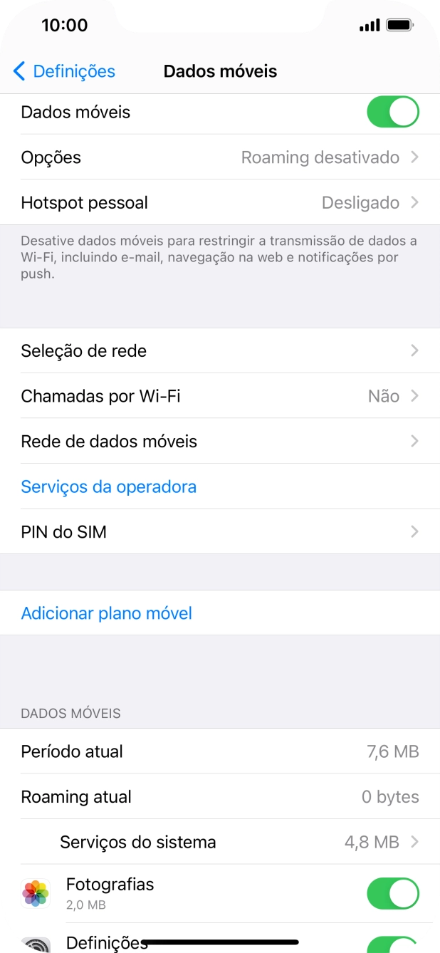 O consumo total de dados é mostrado junto a Período atual.