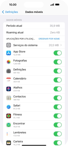 Prima o indicador junto das aplicações pretendidas para ativar ou desativar a função.