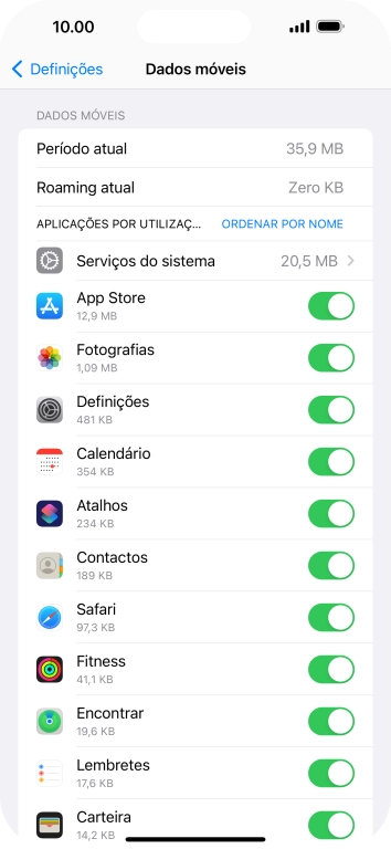 Prima o indicador junto das aplicações pretendidas para ativar ou desativar a função.