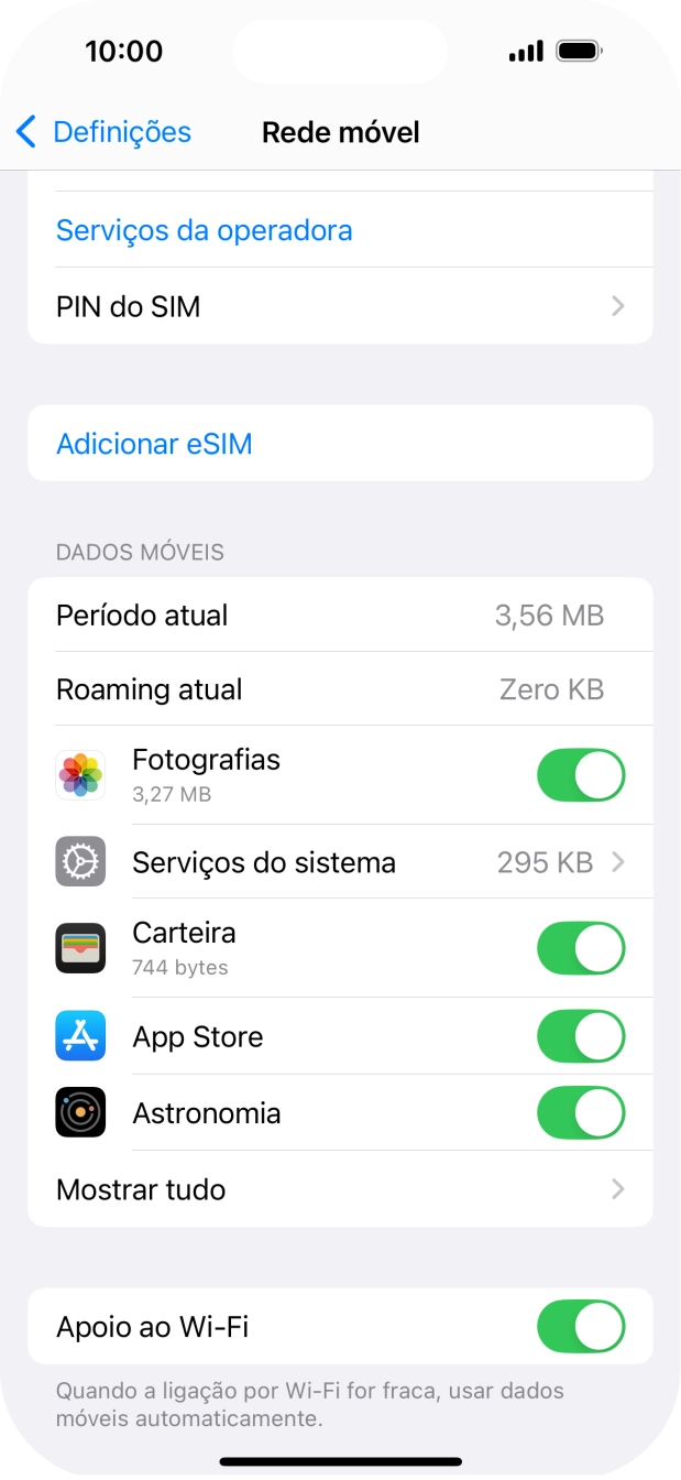 O consumo total de dados é mostrado junto a Período atual.