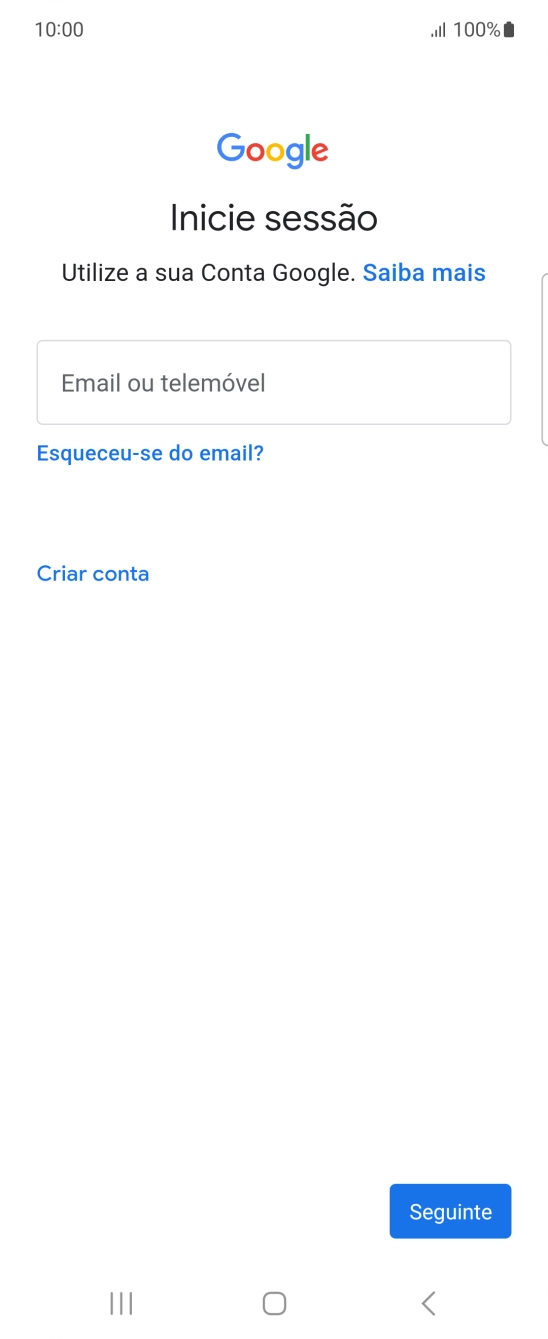 Se não tiver uma conta Google, prima Criar conta e siga as indicações no ecrã para criar uma conta.