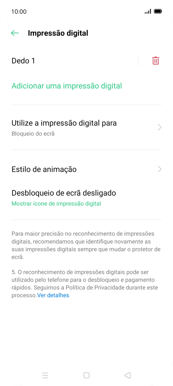 Prima o ícone de apagar  junto às impressões digitais pretendidas.