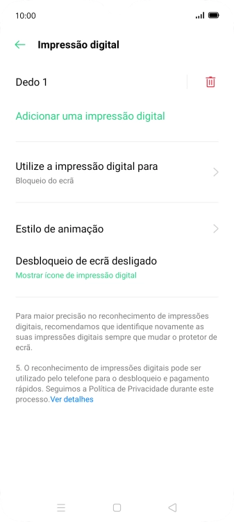 Prima o ícone de apagar  junto às impressões digitais pretendidas.