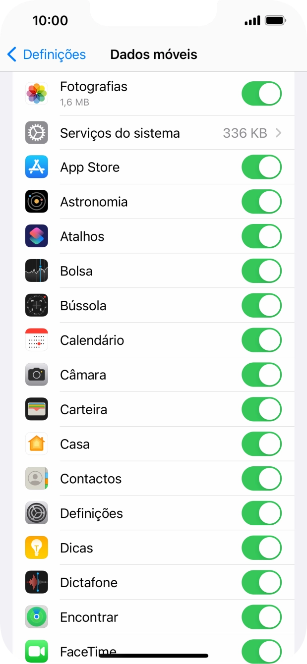 Prima o indicador junto das aplicações pretendidas para ativar ou desativar a função.