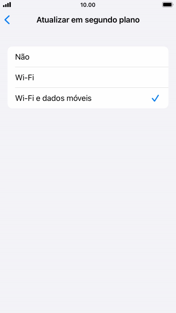 Para desativar a atualização de apps em segundo plano, prima Não.