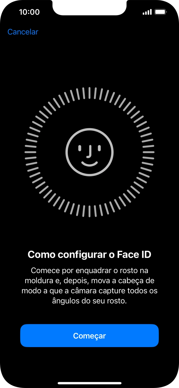 Prima Começar e siga as indicações no ecrã para estabelecer um código de reconhecimento facial (Face ID).