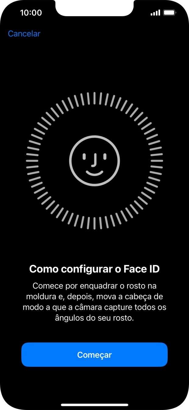 Prima Começar e siga as indicações no ecrã para estabelecer um código de reconhecimento facial (Face ID).