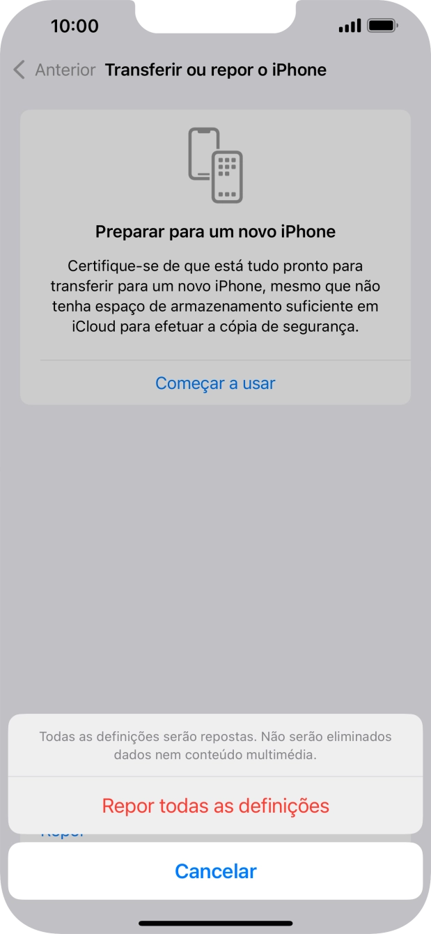 Prima Repor todas as definições.