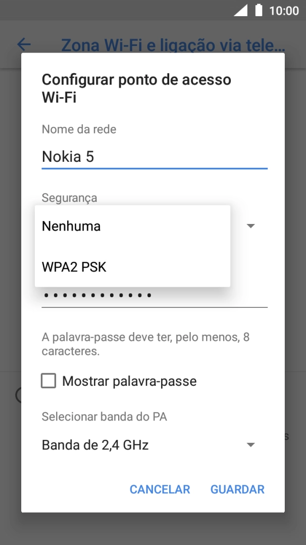 Prima WPA2 PSK para proteger o hotspot Wi-Fi com uma password.