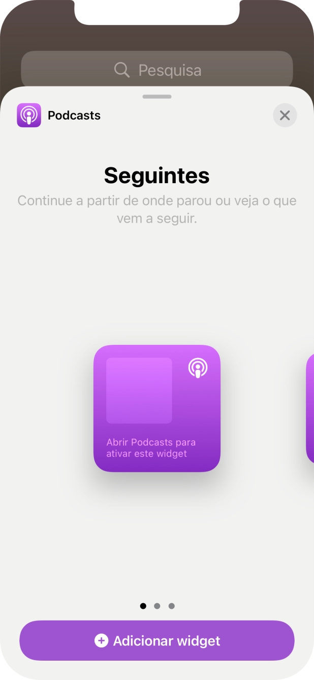 Para escolher a dimensão pretendida para o widget, deslize o dedo para a direita ou para a esquerda sobre o ecrã.