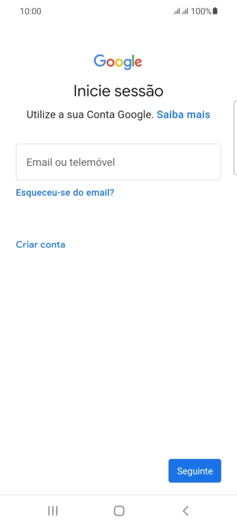 Se não tiver uma conta Google, prima Criar conta e siga as indicações no ecrã para criar uma conta.