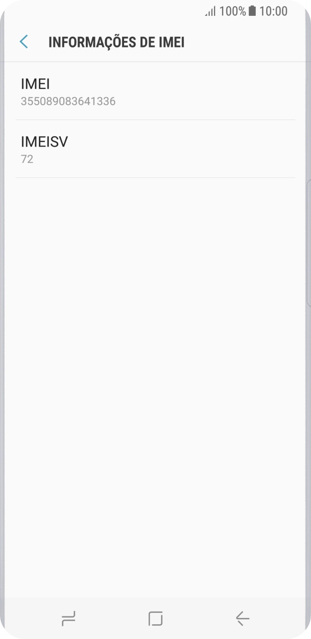 O código IMEI é mostrado no ecrã.