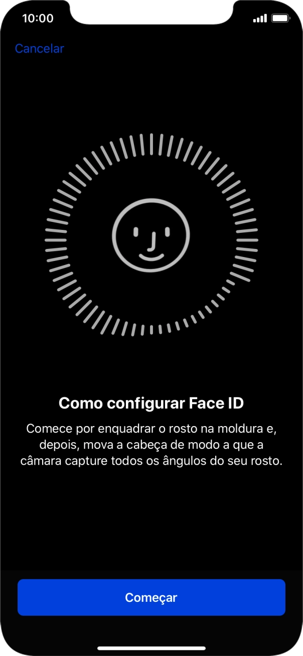 Prima Começar e siga as indicações no ecrã para estabelecer um código de reconhecimento facial (Face ID).