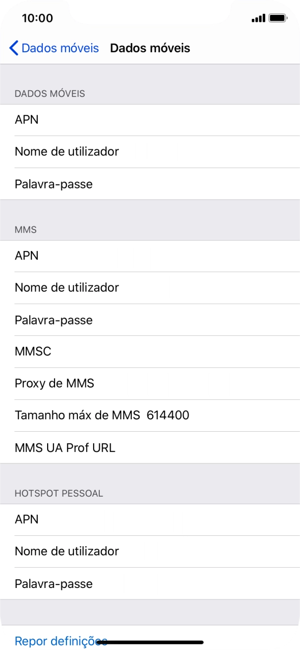Prima APN e insira net2.vodafone.pt.