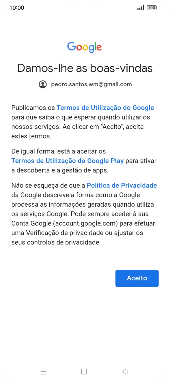 Prima Aceito e siga as indicações no ecrã para escolher as definições da conta Google.