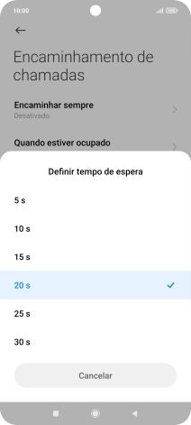 Se desviar as chamadas não atendidas escolha o tempo de atraso para desvio. Prima o tempo de atraso pretendido.