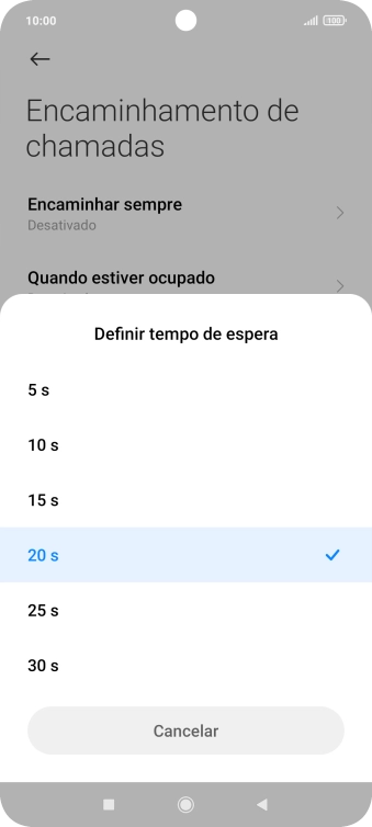 Se desviar as chamadas não atendidas escolha o tempo de atraso para desvio. Prima o tempo de atraso pretendido.