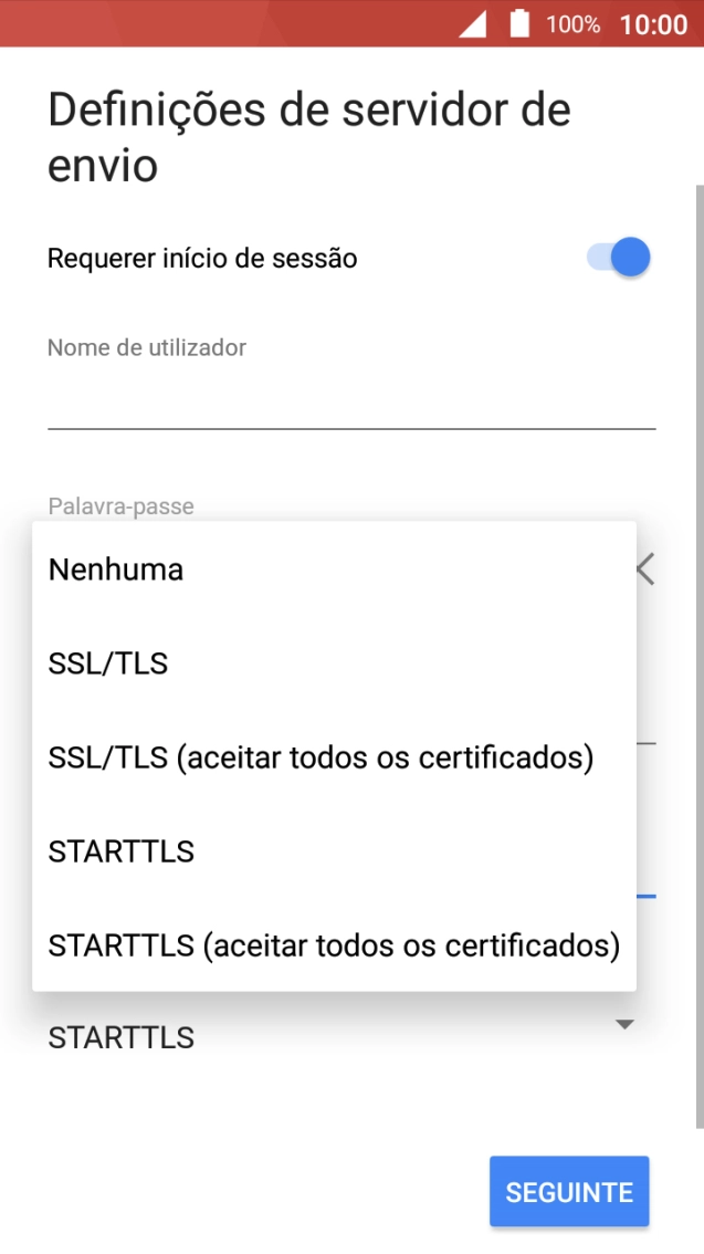 Prima STARTTLS (aceitar todos os certificados) para ativar a função.