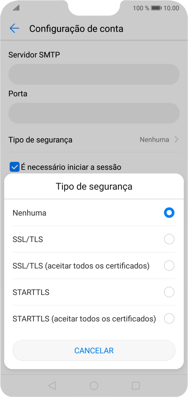 Prima STARTTLS (aceitar todos os certificados) para desativar a função.