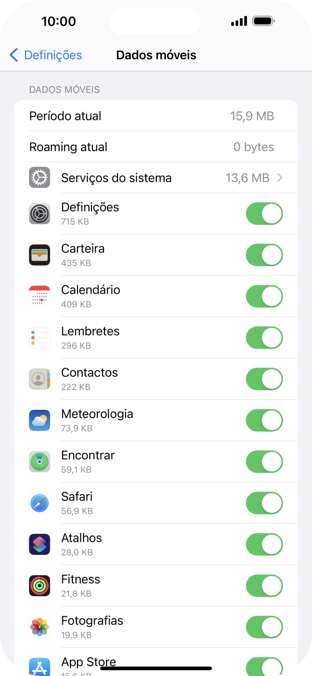 Prima o indicador junto das aplicações pretendidas para ativar ou desativar a função.