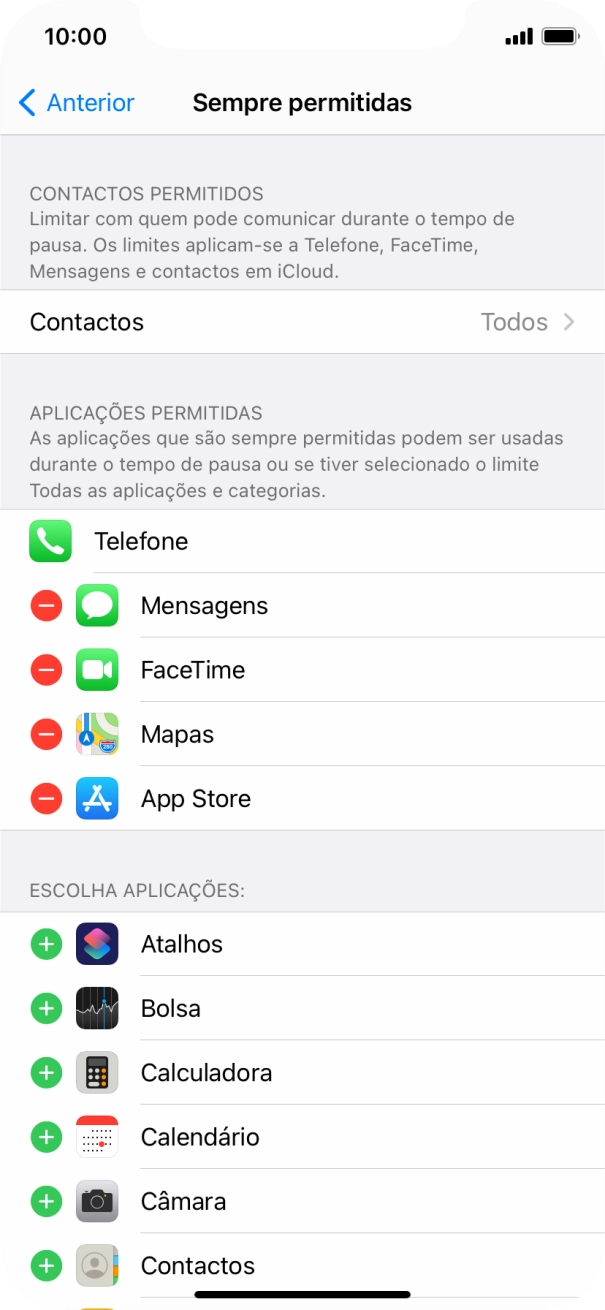 Prima o ícone para remover junto da app pretendida para a remover da lista de apps permitidas durante o Tempo de pausa.