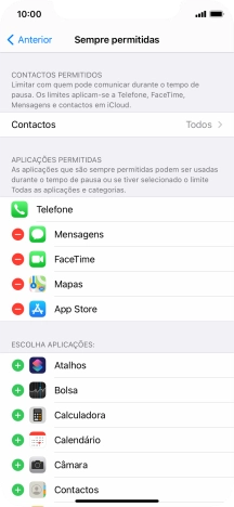 Prima o ícone para remover junto da app pretendida para a remover da lista de apps permitidas durante o Tempo de pausa.