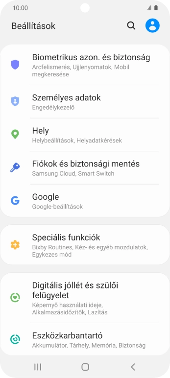 Válaszd a Fiókok és biztonsági mentés lehetőséget.