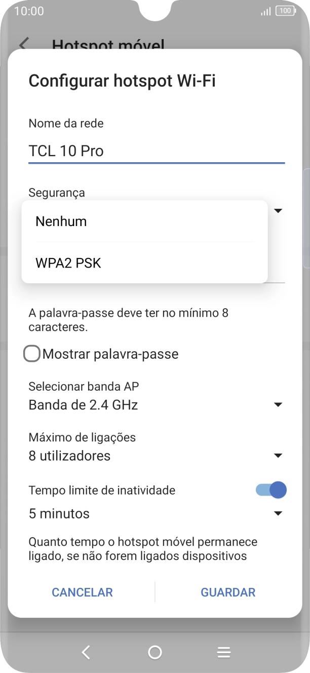Prima WPA2 PSK para proteger o hotspot Wi-Fi com uma password.