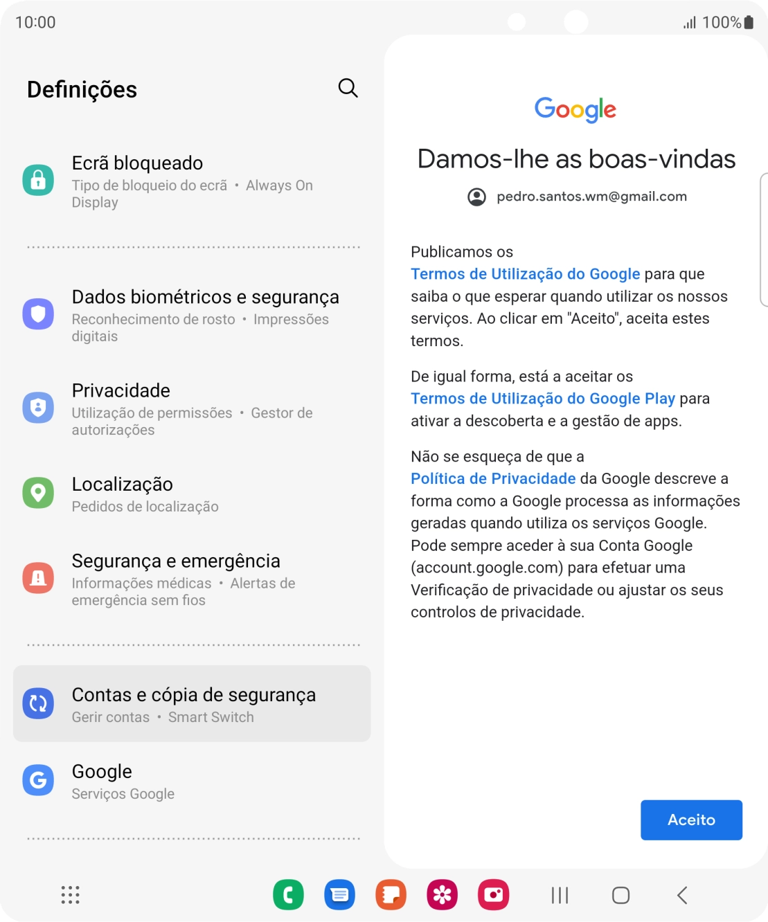 Prima Aceito e siga as indicações no ecrã para escolher as definições da conta Google.