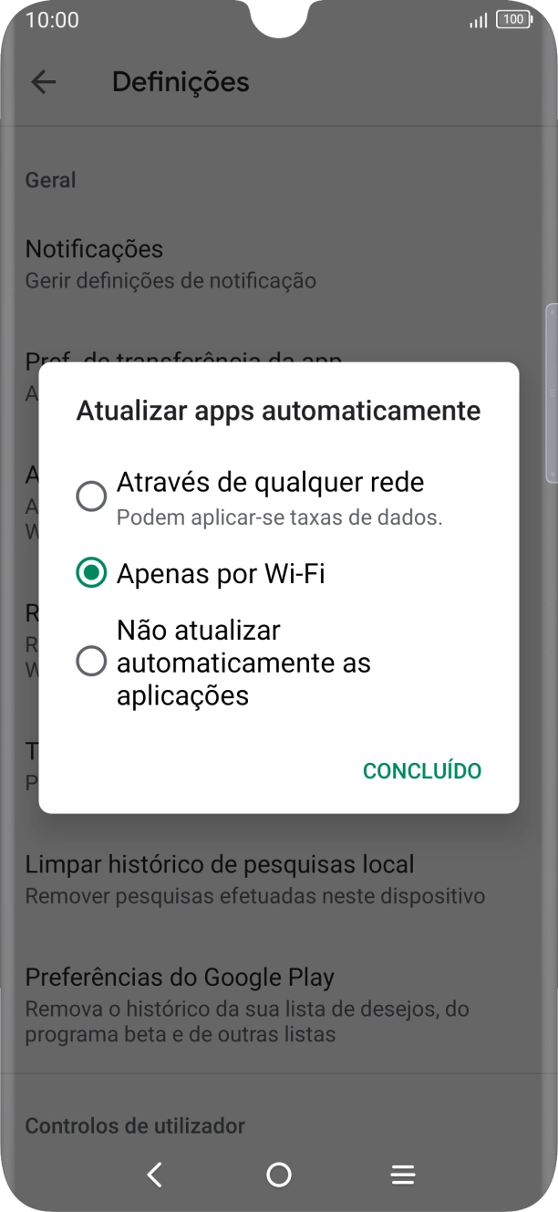 Para ativar a atualização automática de apps via redes móveis, prima Através de qualquer rede.