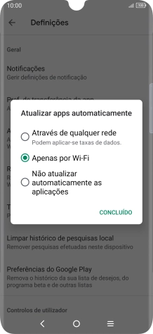 Para ativar a atualização automática de apps via redes móveis, prima Através de qualquer rede.