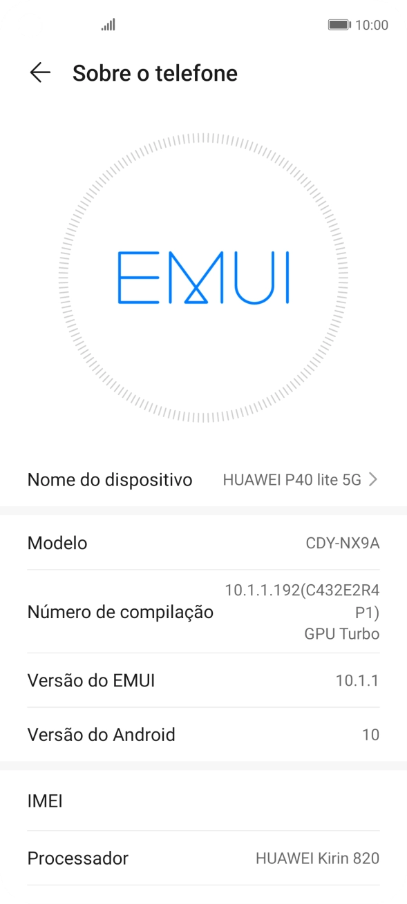 O código IMEI é mostrado no ecrã.