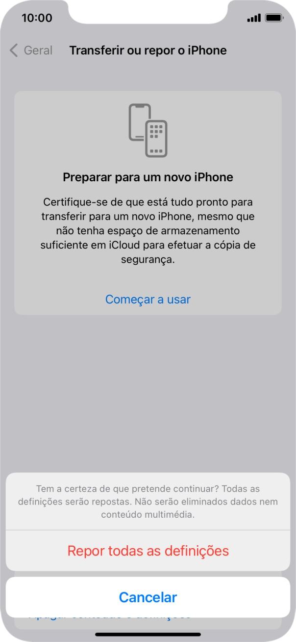 Prima Repor todas as definições. Aguarde um momento enquanto o telefone restabelece as definições originais. Siga as indicações no ecrã para configurar o telefone de modo que este fique pronto a ser utilizado.