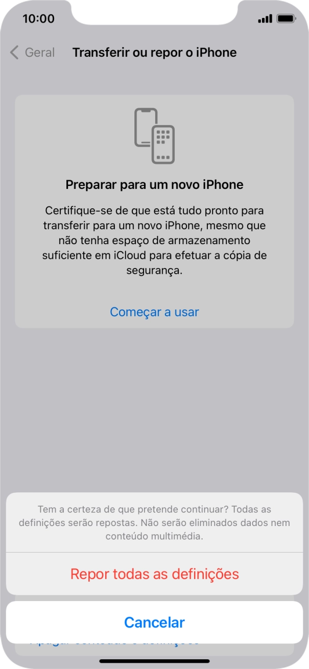 Prima Repor todas as definições. Aguarde um momento enquanto o telefone restabelece as definições originais. Siga as indicações no ecrã para configurar o telefone de modo que este fique pronto a ser utilizado.