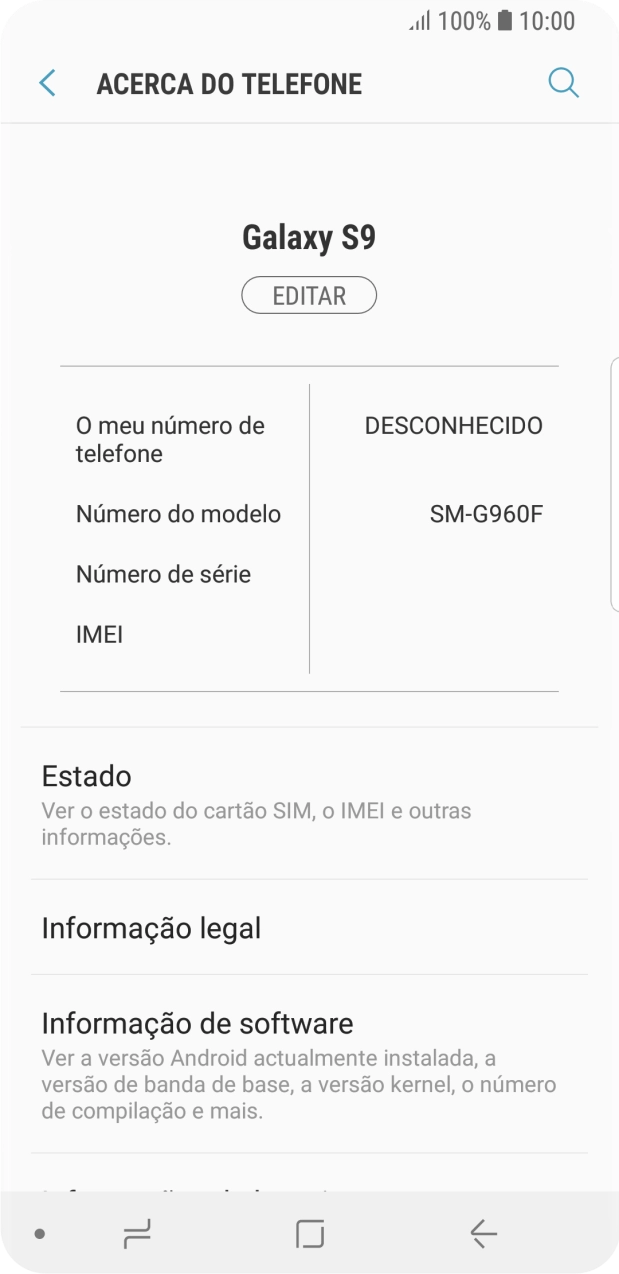 O código IMEI é mostrado no ecrã.