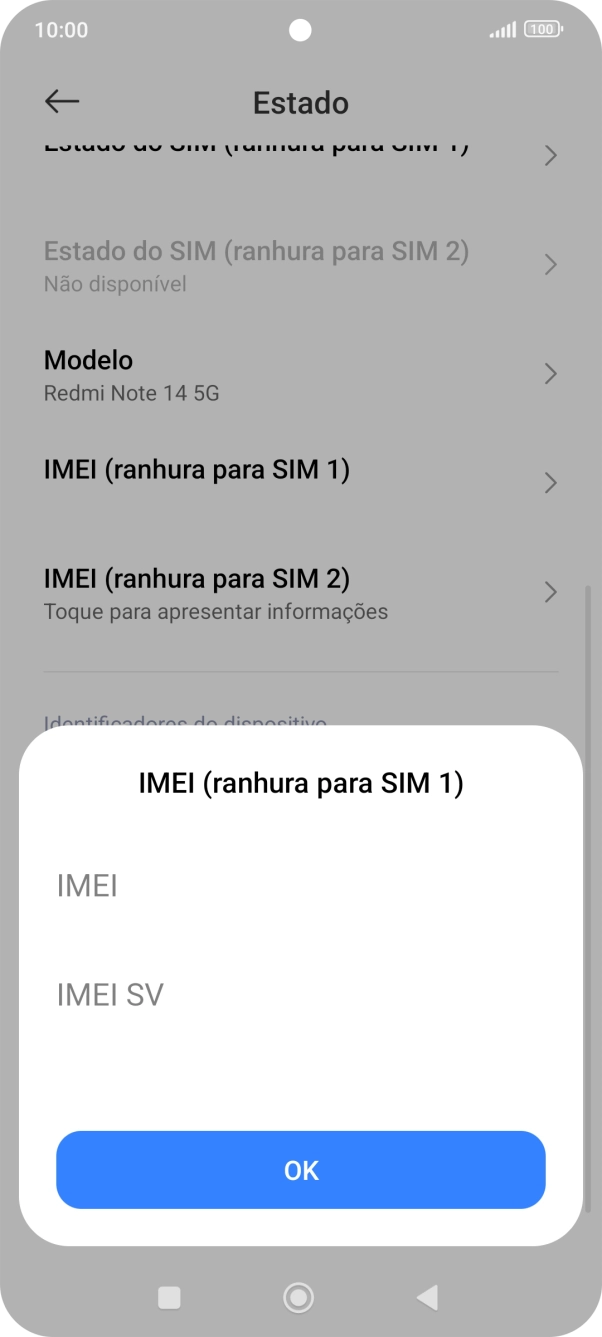 O código IMEI é mostrado no ecrã.