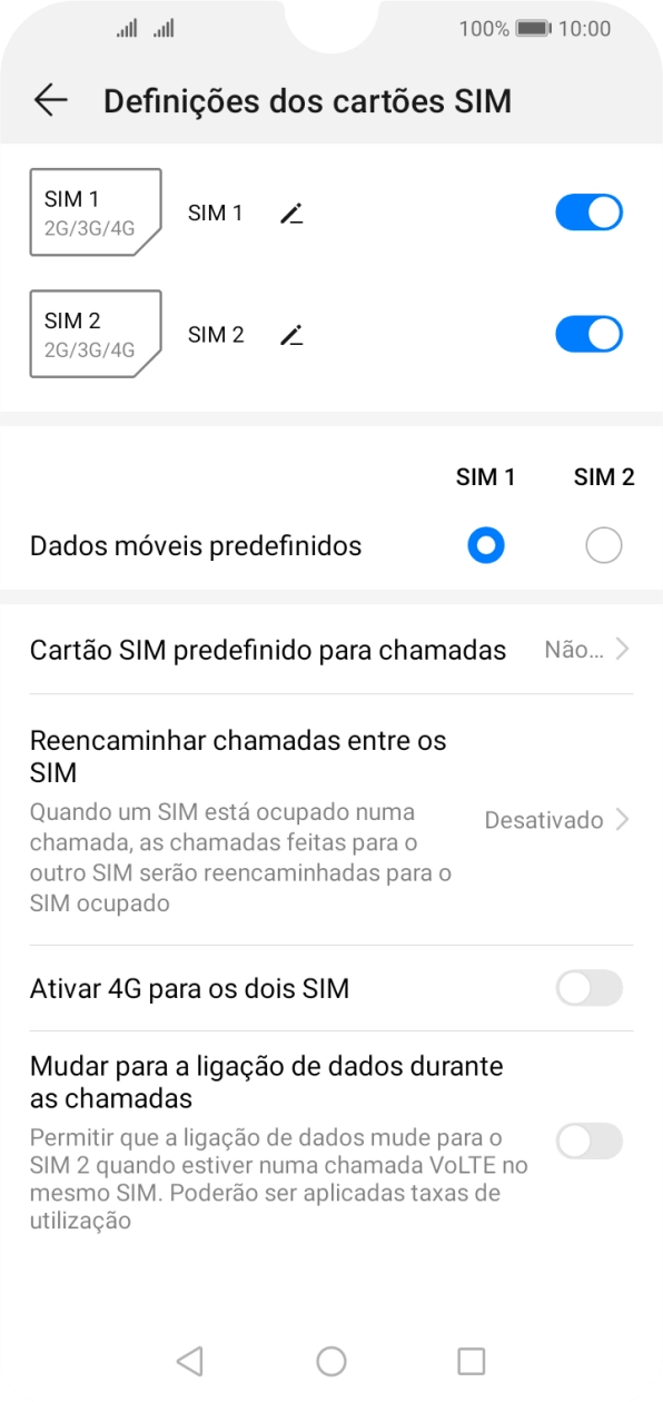 Prima o indicador junto ao cartão SIM pretendido para ativar ou desativar a utilização do cartão SIM pretendido.