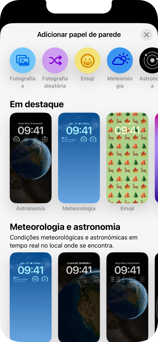 Prima a categoria pretendida e siga as indicações no ecrã para escolher a imagem de fundo pretendida.