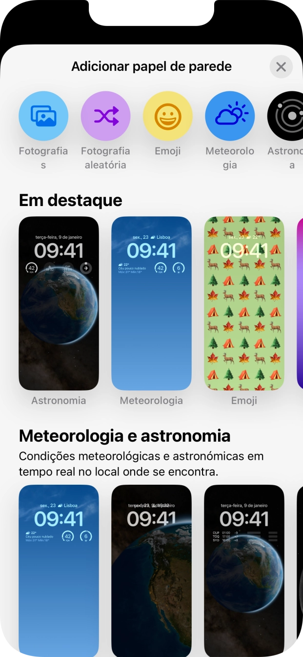 Prima a categoria pretendida e siga as indicações no ecrã para escolher a imagem de fundo pretendida.