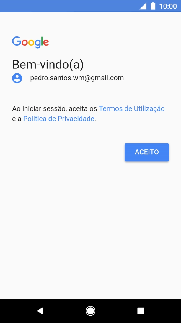 Prima ACEITO e siga as indicações no ecrã para escolher as definições da conta Google.