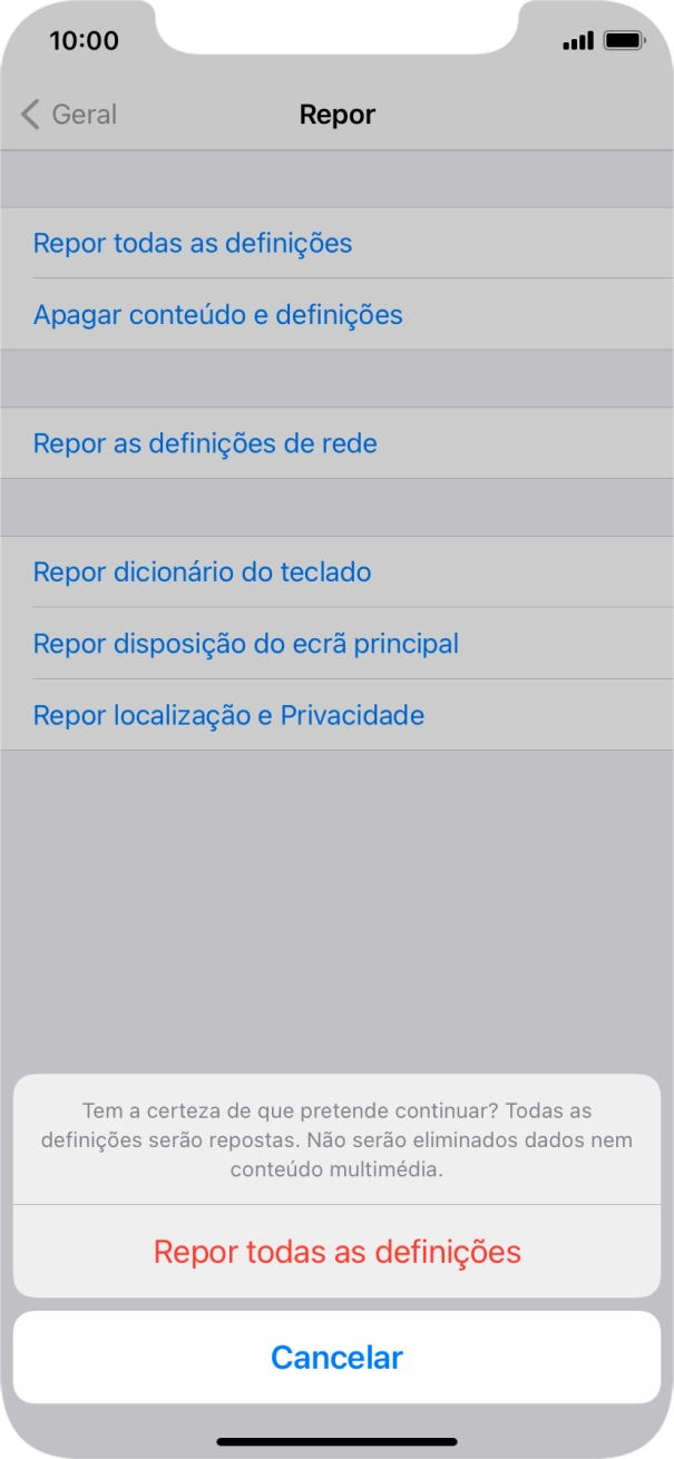 Prima Repor todas as definições. Aguarde um momento enquanto o telefone restabelece as definições originais. Siga as indicações no ecrã para configurar o telefone de modo que este fique pronto a ser utilizado.