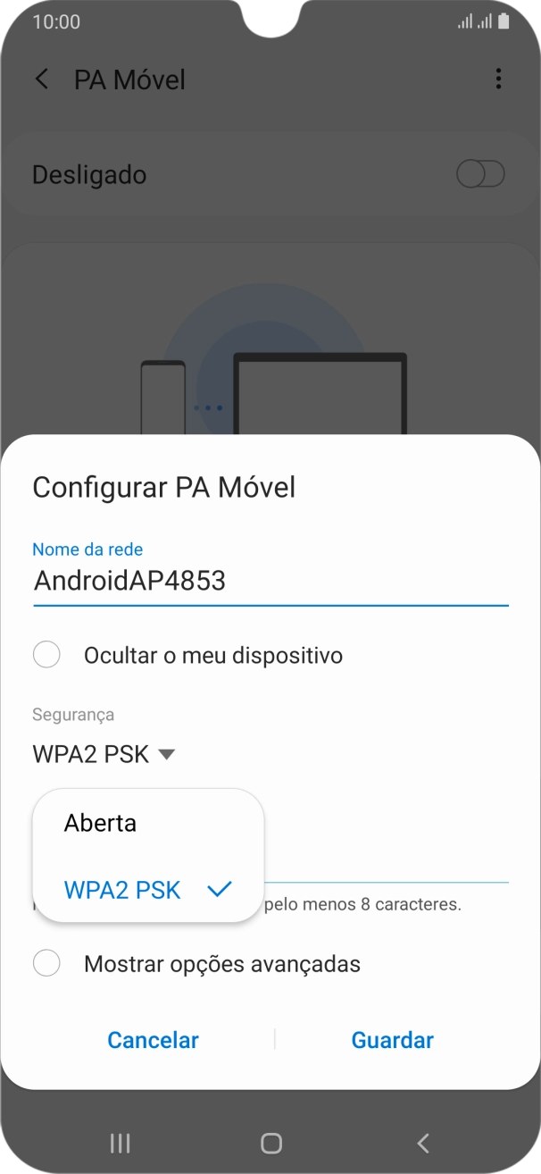 Prima WPA2 PSK para proteger o hotspot Wi-Fi com uma password.