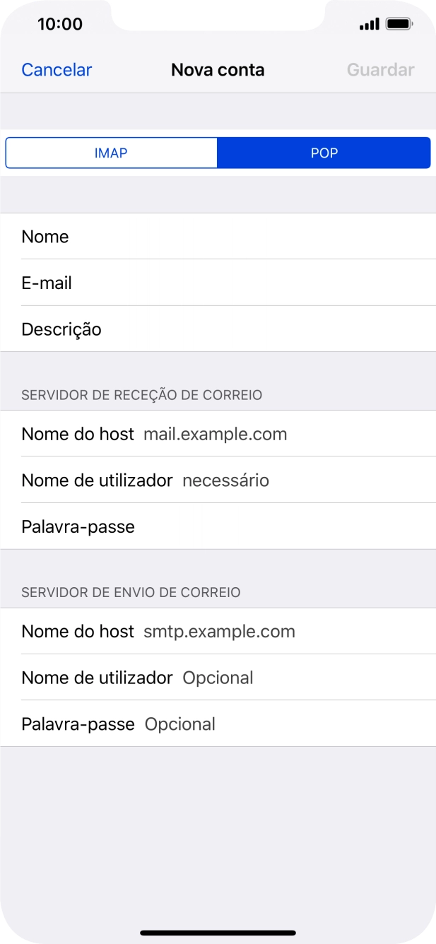 Prima Nome do host e introduza o nome do servidor de receção do fornecedor de e-mail.
