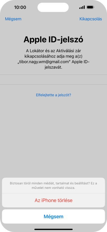 Írd be az Apple ID-hoz tartózó jelszót, és válaszd Az iPhone törlése lehetőséget. Várj egy kicsit, amíg a telefon visszaállítja a gyári beállításokat. A telefon konfigurálásához és ahhoz, hogy üzemkész állapotba hozd, kövesd a képernyőn megjelenő utasításokat.