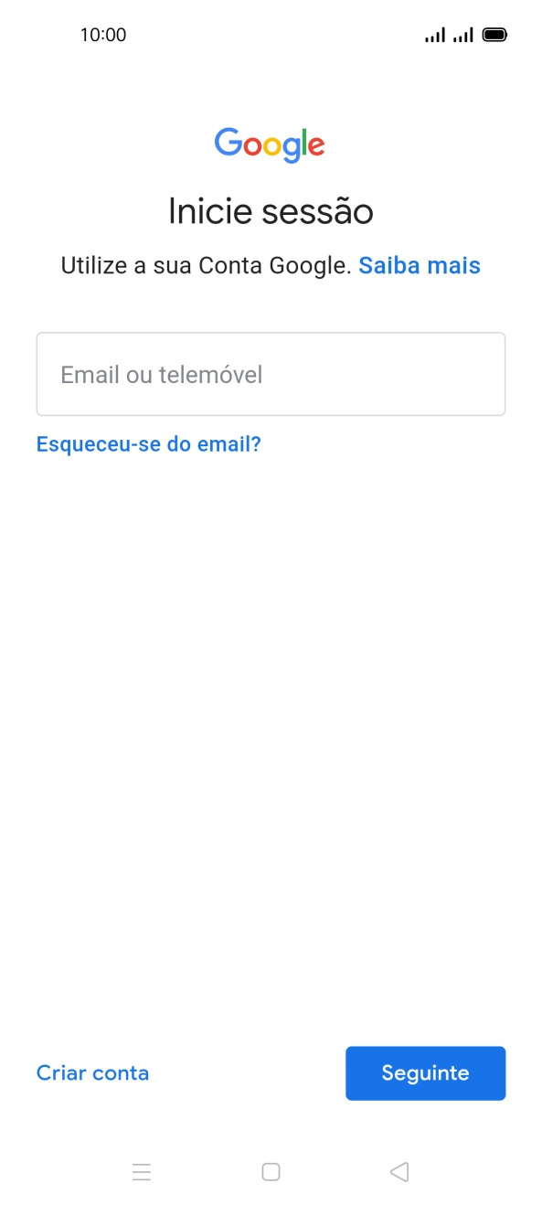 Se não tiver uma conta Google, prima Criar conta e siga as indicações no ecrã para criar uma conta.