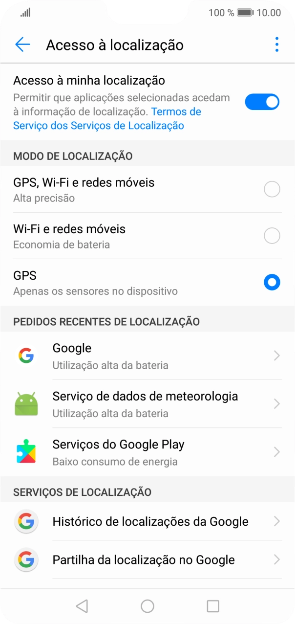 Se escolher GPS, Wi-Fi e redes móveis, o telefone irá encontrar a sua localização precisa utilizando os satélites GPS, a rede móvel e as redes Wi-Fi nas proximidades. A navegação por satélite GPS requer vista livre ao céu.