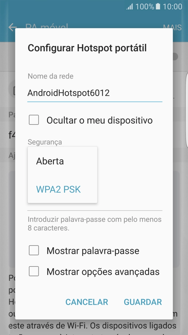 Prima WPA2 PSK para proteger o hotspot Wi-Fi com uma password.