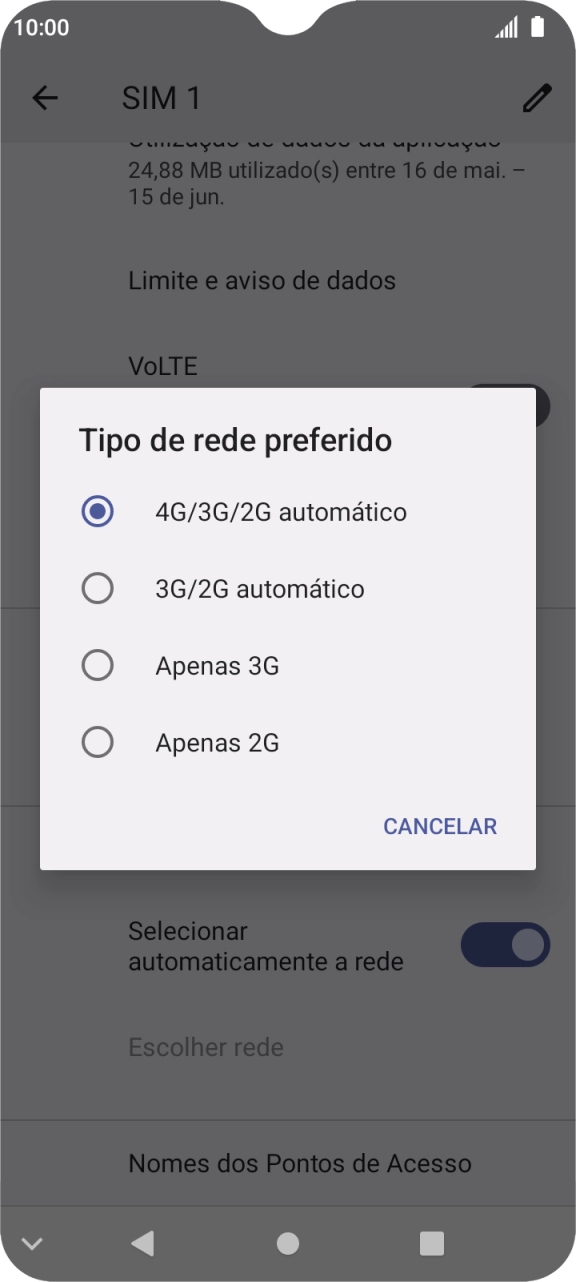 Prima o tipo de rede pretendido.