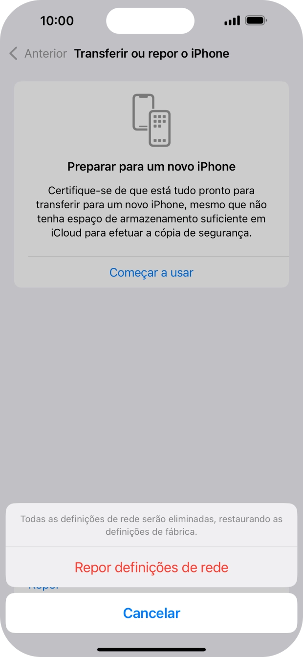 Prima Repor definições de rede.